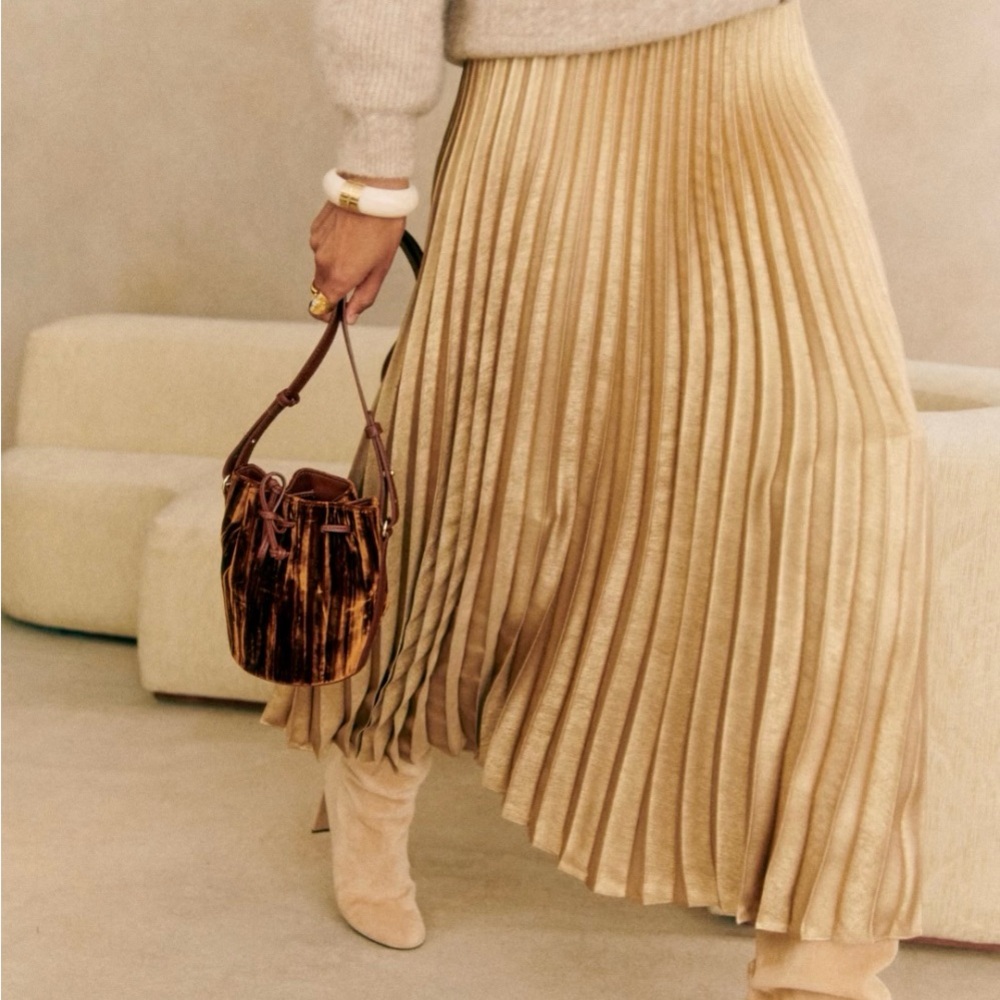 NWT Sezane Gold Dune Pleated Skirt, 6